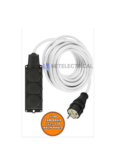 Kauçuk 3'lü Topraklı Grup Priz Uzatma Kablosu 12 Metre 3x2.5 Mm² Ttr Kalın Beyaz Kablolu 12 Metre