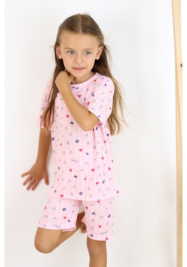 Kız Çocuk Pamuklu Penye Kumaş Şortlu Pijama Takımı Beyaz - Pembe