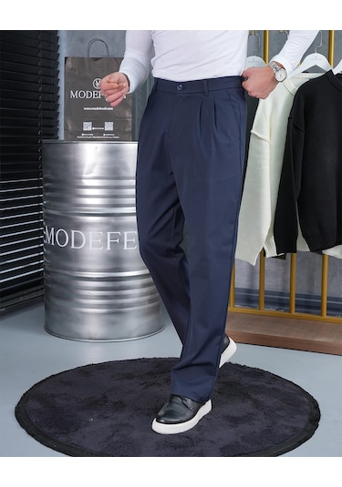 Modefendi Baggy Kesim Pile Detaylı Kumaş Pantolon Lacivert