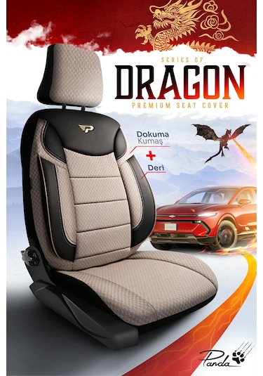 Bej - Siyah Panda Dragon Serisi Dokuma Kumaş Oto Koltuk Kılıfı - Tam Set