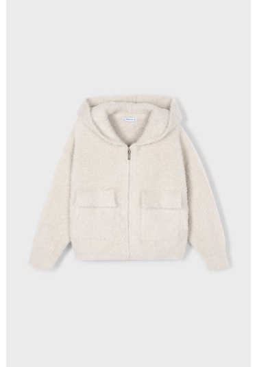 Kız Çocuk Kapüşonlu Cepli Pelüş Hırka - Ekru Gri