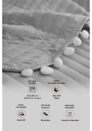 Evlen Home Collection Ponponlu Çift Kişilik %100 Pamuk Yatak Örtüsü Pike Takımı Gri