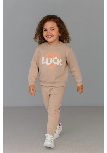 Luck Kalpli %100 Pamuk Çocuk Eşofman Takımı Bej