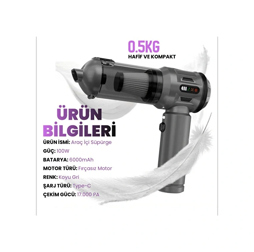 Enshall Ultra Güçlü Göstergeli 17.000PA Çantalı Araç İçi Şarjlı Süpürge