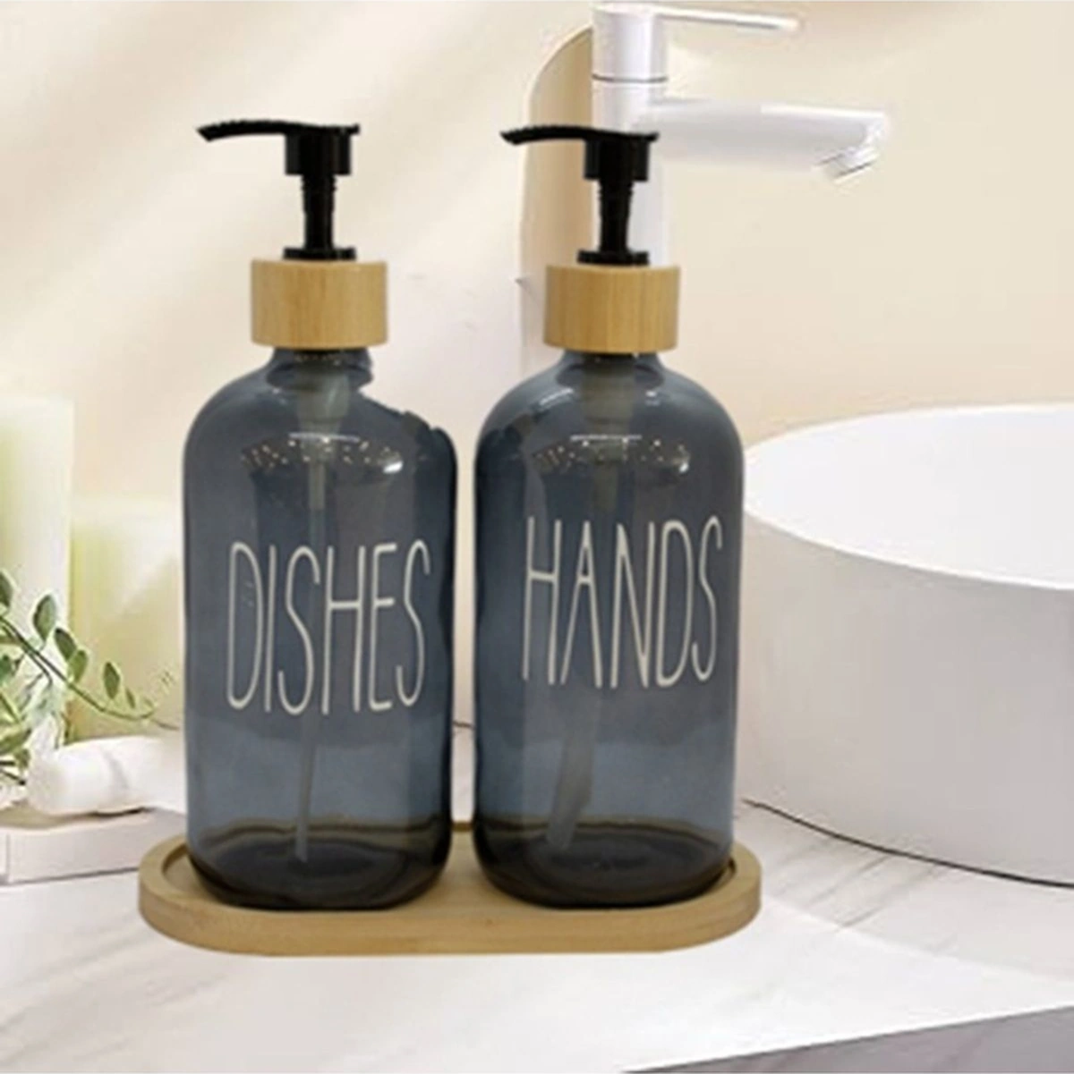 2 Li Füme Mutfak Sıvı Sabunluk Seti Hands&dishes Bambu Tepsili Gri