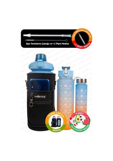 Valletta Eldorado 3lü Set Çantalı Motivasyonel Su Matarası Mavi
