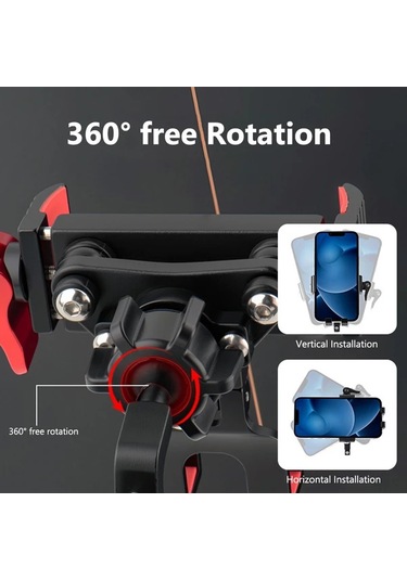 Xuweiwei 360 Derece Dönebilir Bisiklet Telefon Tutucu Kırmızı Aksanlı Hızlı Çıkarılabilir Ayarlanabilir Red Stem Sabit Kelepçe -
