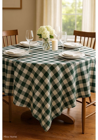 Mira Home Kareli Masa Örtüsü Sofra Bezi 160x160 Cm Happytime Yeşil