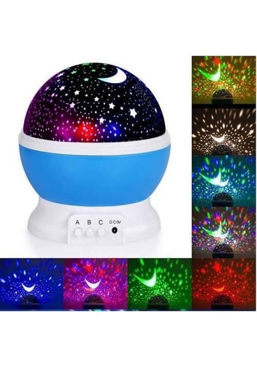 Fastbuy Dönüşlü Ay Yıldız Mavi Led Gece Lambası, Led Projeksiyon Işıklı Çok Renkli