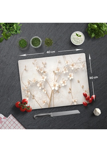 Cam Kesme Tablası - Cam Kesme Tahtası Beyaz Çiçek 30cm X 40cm