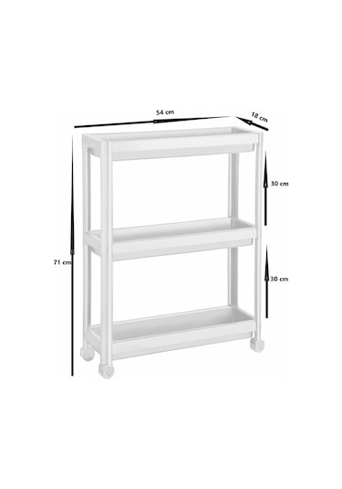 Bayev Tekerlekli Beyaz 3 Katlı Raf - Banyo Mutfak Dar Alan Düzenleyici Organizer Beyaz