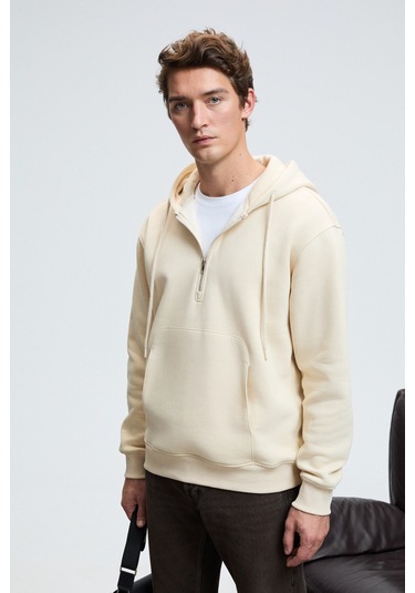 JUSTUS Erkek Kapüşonlu Kanguru Cepli Fermuar Yakalı Krem Sweatshirt