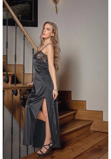 Dantelli Uzun Yırtmaçlı Saten Gecelik Elbise String Takım Siyah Mgp31512 Siyah
