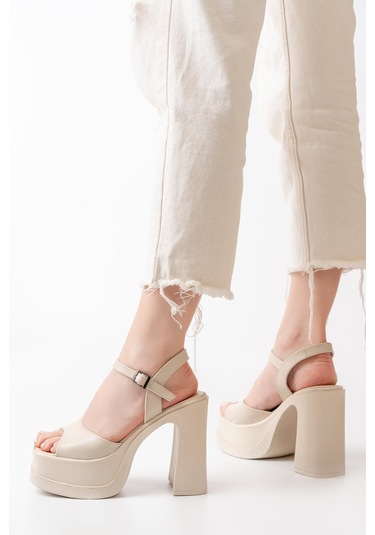 Asmi Shoes Kadın Tek Bantlı 12cm Platformlu Topuklu Ayakkabı Krem Krem