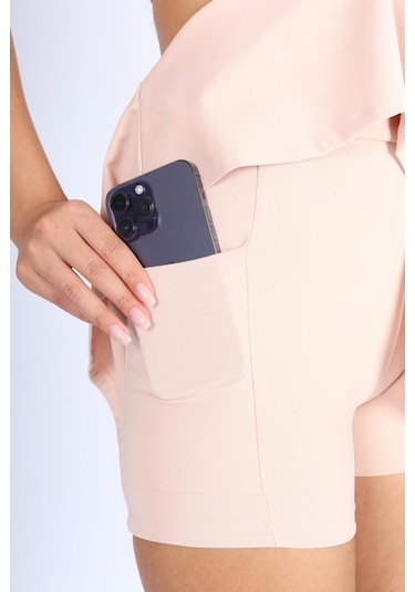 Soft&Basic Bol Kesim İçi Taytlı Cep Detaylı Sporcu Şort Etek Pembe