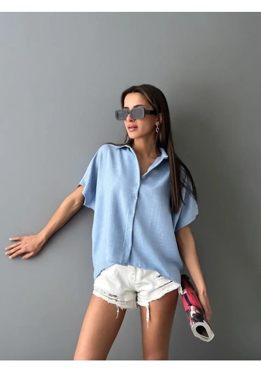 Kadın Keten Oversize Mavi Sırt Dantel Detay Kısa Kollu Gömlek Mavi