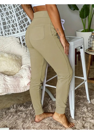 Kadın Kısa Kollu Madonna Yaka Viskon Crop Bluz Cepli Iki Iplik Eşofman Takım Bej