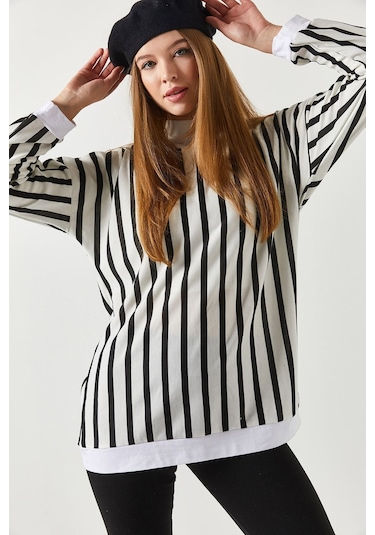 Armonika Kadın Siyah Çizgili Yuvarlak Yaka Oversize Sweatshirt Arm-22y001191