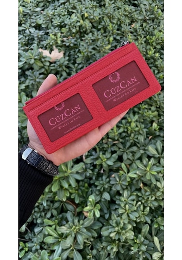 Kırmızı Peony Hakiki Deri Telefon Cüzdanı Kırmızı