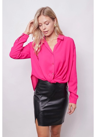 Yakalı Önü Pileli Uzun Kol Likrasız Şık Kumaş Gömlek-Fujya Fujya