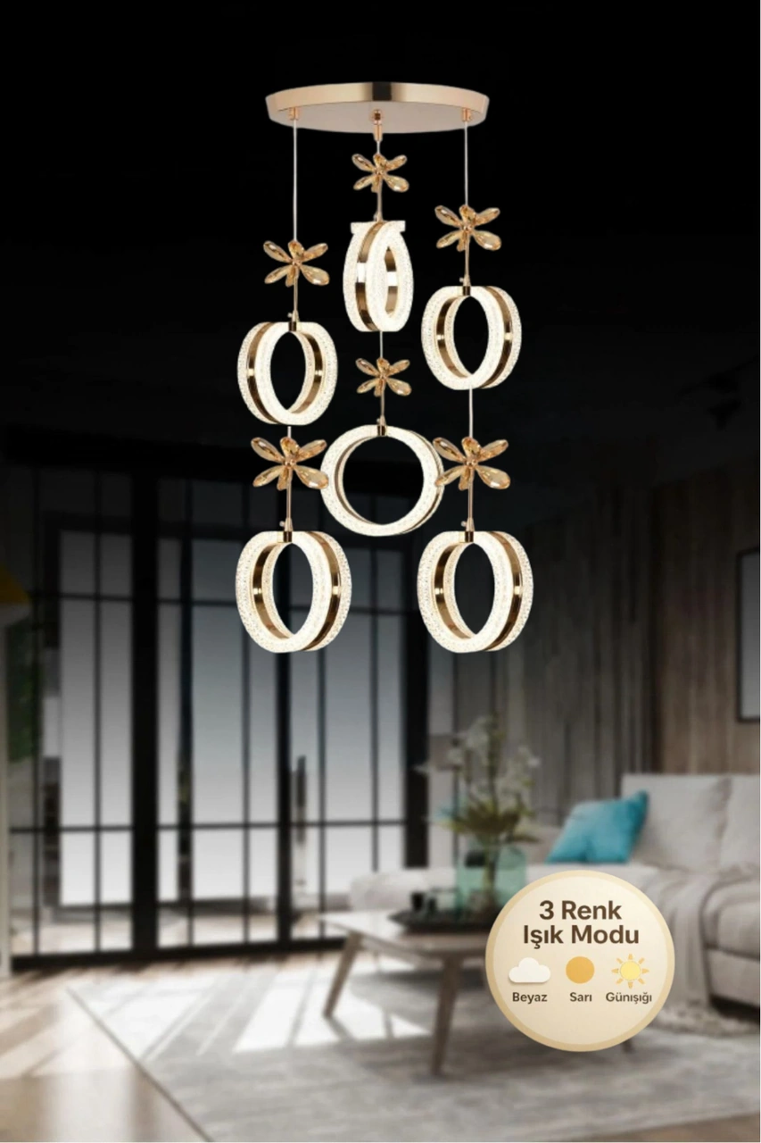 Aurea Model 6'lı Kristal Taşlı Gold 3 Renk Modu Ledli Salon Mutfak Oturma Odası Sarkıt Led Avize Metalik