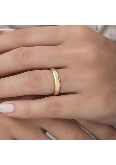 4 mm Bombeli Klasik Düz Altın Kaplama Tek Gümüş Alyans Yüzük