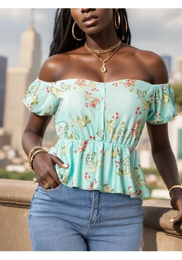 Munn Collection Kadın Kısa Kollu Madonna Yaka Çiçek Desenli Düğme Detay Gipeli Süprem Kumaş Bluz Yeşil