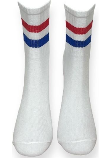 2'li Unısex Çizgili Beyaz, Kırmızı-mavi Ve Yeşil-turuncu Şeritli Esnek Nem Alabilen Pamuklu Spor Soket Çoraplar Çok Renkli