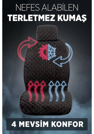 Tay Tüyü Terletmez Kumaş Oto Koltuk Kılıfı Ön Ve Arka Tam Koltuk Seti - Siyah-kırmızı