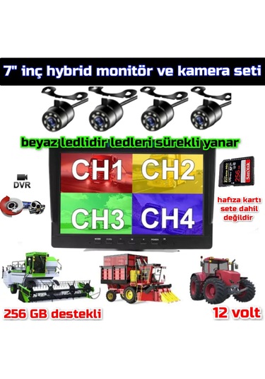 Tarımsal Araçlara 7'' Dvr Ekran Ve 4 Ad Beyaz Ledli Kamera Seti