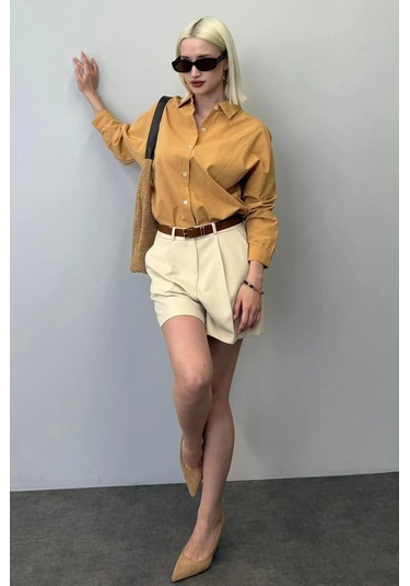 Madmext Mad Girls Camel Oversize Gömlek Mg1369 CAMEL