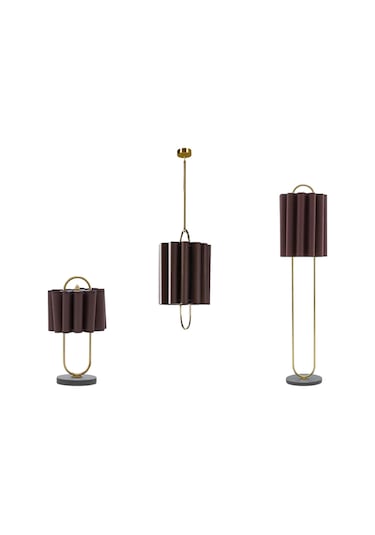 Lustra Koleksiyonu 3'lü Aydınlatma Seti 1 Sarkıt, 1 Lambader, 1 Abajur Kahverengi - Sarı