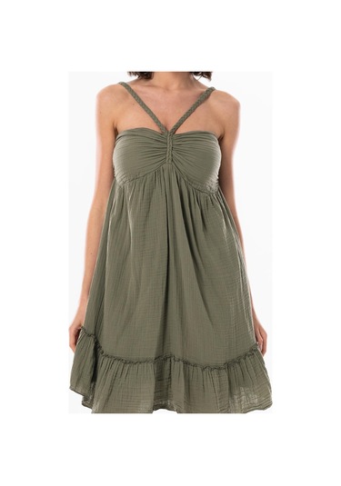 Alanya Boyundan Bağlamalı Kısa Yazlık Müslin Elbise Haki Hk-haki