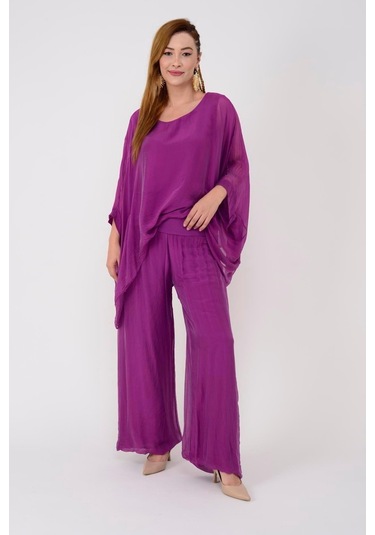 İtalyan Yarasa Kol İpek Bluz & Pantolon Takım-8767 Leylak Çok Renkli