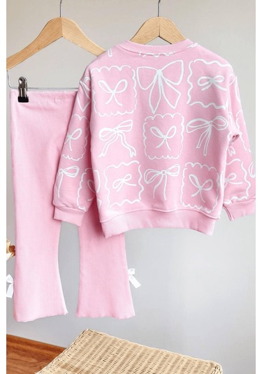 2-8 Yaş Fiyonk Detay Sweat Ve İspanyol Kız Çocuk Takım Pembe Pembe