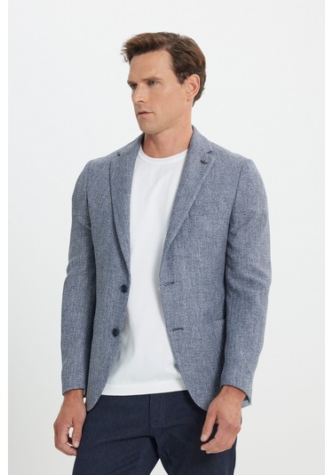 Ac&Co / Altınyıldız Classics Erkek Lacı Slim Fit Dar Kesim Mono Yaka Desenli Torba Cepli Ceket Lacı Lacivert
