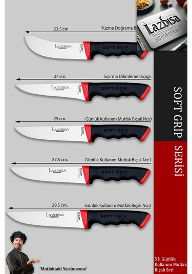Lazbisa Mtf-784 Soft Grip Mutfak Bıçak Seti Et Ekmek Sebze Bıçağı 5 Li Set Günlük Kullanım Kırmızı - Siyah
