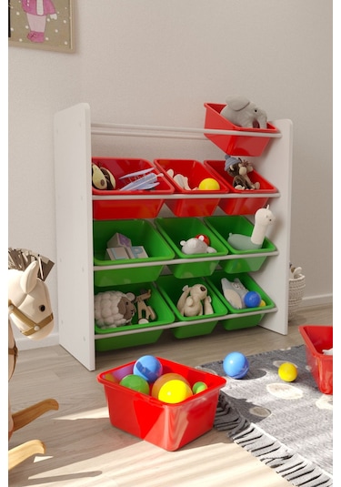 12 Sepetli Çok Amaçlı Oyuncak Dolabı Montessori Dolap Kırmızyeşil Kırmızı - Yeşil