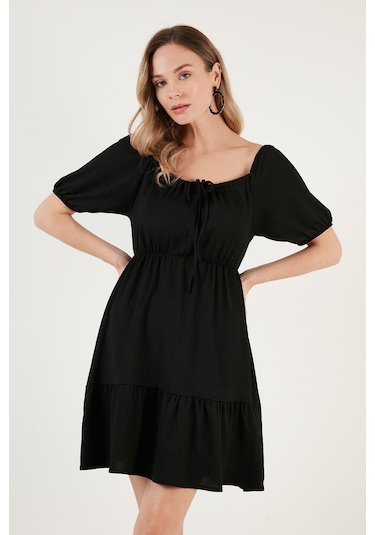 Lela Önü Büzgülü Balon Kollu Mini Bayan Elbise 5869005 Siyah