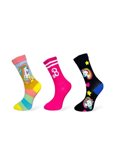 3'lü Unısex Unicorn Tasarımlı Gökkuşağı Ve Yıldız Detaylı Esnek Nem Alabilen Pamuklu Spor Soket Çoraplar Çok Renkli