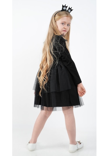 Kuromi Siyah Tül Detaylı Kız Çocuk Elbisesi Siyah