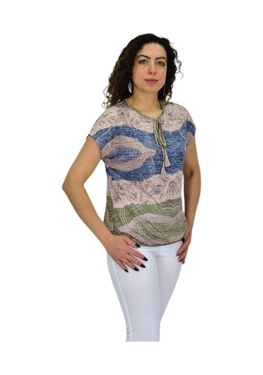 Kadın Kısa Kol Baskılı Bluz Bgl-st04694 VİZON
