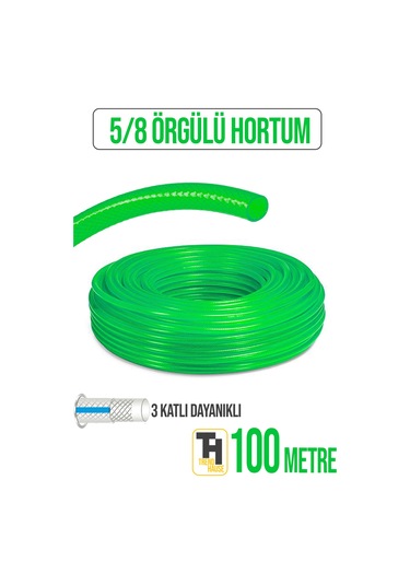 5/8 Örgülü Bahçe Hortumu Çatlamaz, Kırılmaz, Esnek 100 Metre Yeşil