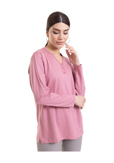 Kadın Orta Yaş ve Üzeri Dört Mevsim V Yaka Rahat Kalıp Likralı Viskoz Anne Penye Bluz 140-Pudra
