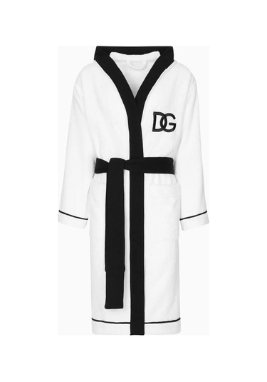 Dolce & Gabbana Casa Unisex Logo Işlemeli Kapüşonlu Bornoz, Pamuklu, Yumuşak Beyaz