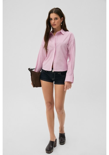Grimelange Grımelange Medea Kadın Slim Fit %100 Organik Pamuklu Kahverengi Çizgili Slim Fit Pembe Çizgili Gömle