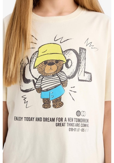 Defacto Kız Çocuk Relax Fit Bisiklet Yaka Baskılı Kısa Kollu Tişört E0353a825smer235 Ekru