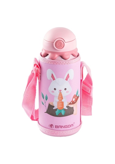 Bangda Pembe Paslanmaz Çelik Tavşan Desenli Çantalı Çocuk Termosu 600ml