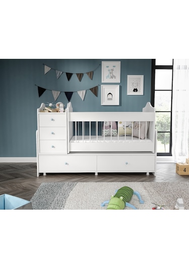 Angel Beşik Büyüyebilen Mavi Kulplu Komidinli