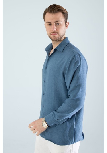 Rahat Kesim Keten Dokulu Gömlek Mavi